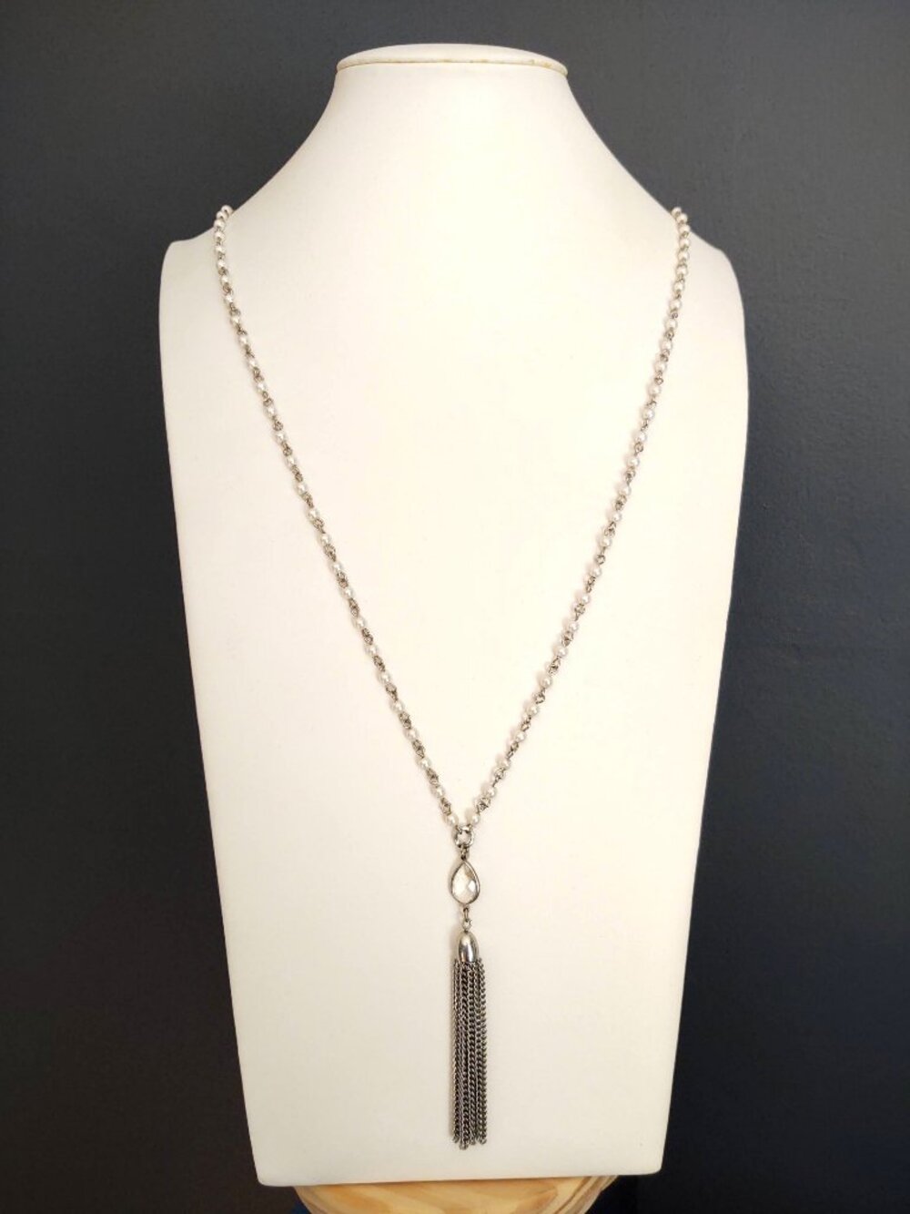Long silver chain & faux pearl necklace with silver chain tassel and clear glass